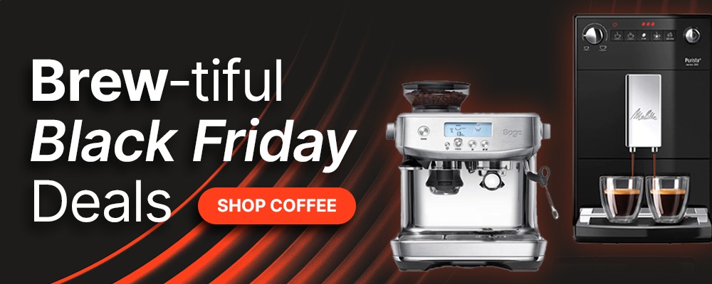 Black Friday coffee machine deals banner. "Brew-tiful Black Friday Deals" text on dark background with red accents. Two espresso machines featured.