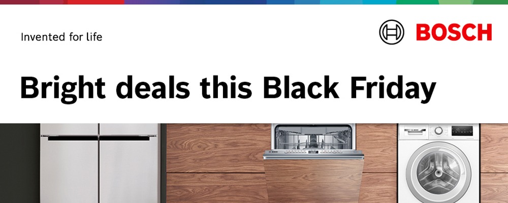 Bosch Black Friday ad features "Bright deals this Black Friday" text with images of stainless steel appliances against a wood-textured background.