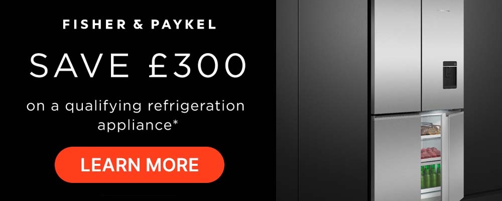 Fisher & Paykel refrigerator shows a £300 discount. A sleek silver fridge with open door, revealing drinks and food inside.