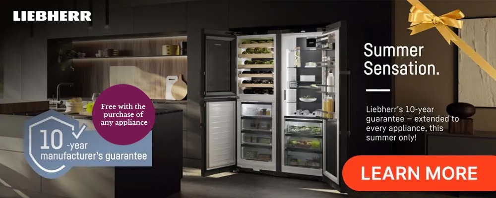 A modern kitchen with an open Liebherr refrigerator displaying neatly organized food. Text highlights a summer promotion and a 10-year guarantee.