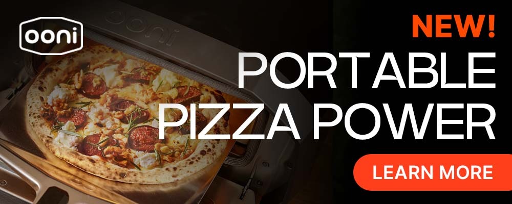 Alt text: "Ad for Ooni's new portable pizza oven, showing a fresh pizza with toppings inside. Bold text reads 'Portable Pizza Power'. Button says 'Learn More'."