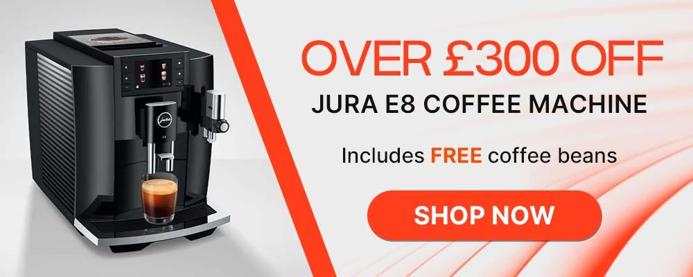 Special offer on a Jura E8 Coffee Machine with over £300 off. Includes free coffee beans. Features a sleek black design.