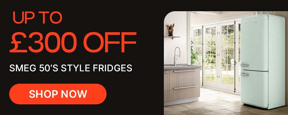 Ad features a modern kitchen with a pastel Smeg fridge beside glass doors. Text reads 'Up to £300 off Smeg 50's style fridges. Shop now.'