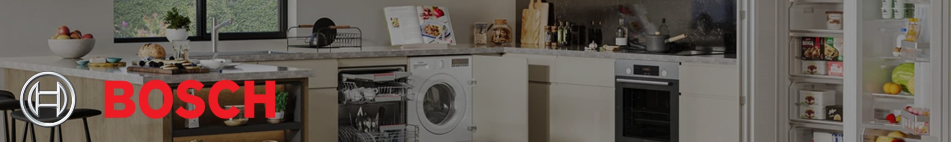 Modern kitchen with Bosch appliances showcases an open fridge filled with groceries, sleek cabinets, and a dishwasher. The Bosch logo is prominent.