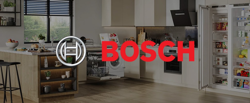 Modern kitchen with Bosch appliances showcases an open fridge filled with groceries, sleek cabinets, and a dishwasher. The Bosch logo is prominent.