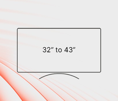 A minimalist image showing a line drawing of a curved monitor screen with the text "32” to 43”" on a textured, light beige background.