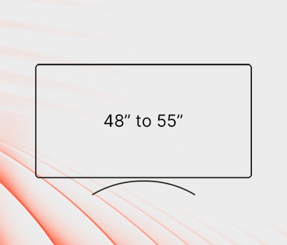 A simple illustration shows a large, minimalistic rectangle representing a screen, labelled "48” to 55”", with a subtle arc and wavy background.