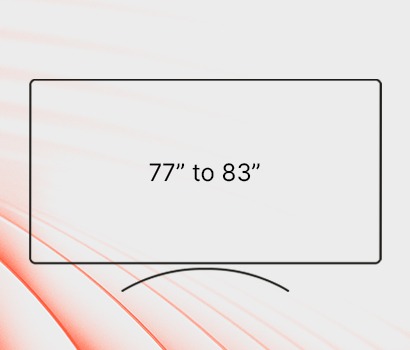 A minimalist graphic showing the text "77” to 83" centred inside an outline of a large, curved TV screen, with a light beige textured background.