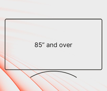 A minimalist graphic showing the text 85" and over centred inside an outline of a large, curved TV screen, with a light beige textured background.