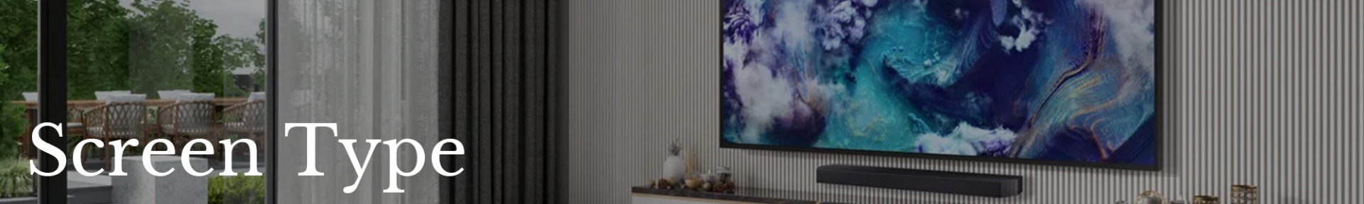 Modern living room with a large TV mounted on a wall displaying abstract cosmic art. Floor-to-ceiling window on the left, airy and stylish ambiance.