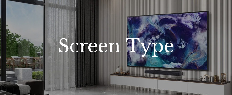 Modern living room with a large TV mounted on a wall displaying abstract cosmic art. Floor-to-ceiling window on the left, airy and stylish ambiance.