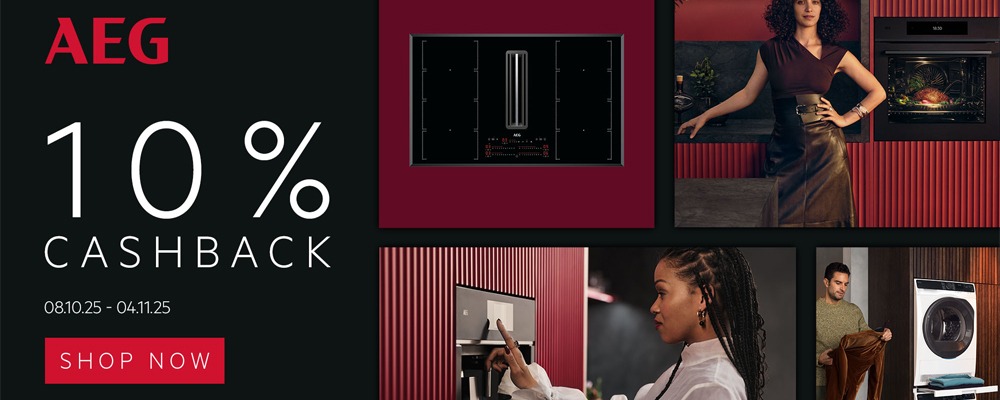 AEG promotional banner offering 10% cashback. Features stylish kitchen appliances and models interacting with them. Text includes offer dates and 'Shop Now' button.
