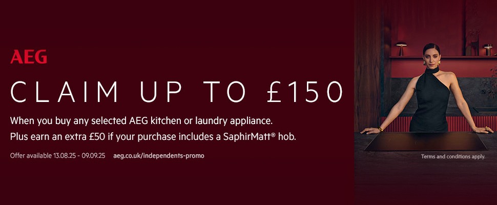 AEG promotional banner for kitchen or laundry appliances, offering up to £150 cashback. Valid 13.08.25 - 09.09.25. Woman in dark kitchen setting.