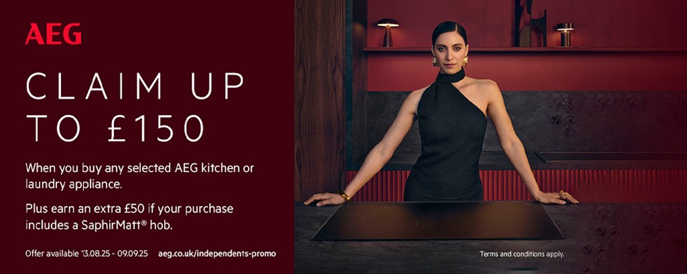 AEG promotional banner for kitchen or laundry appliances, offering up to £150 cashback. Valid 13.08.25 - 09.09.25. Woman in dark kitchen setting.