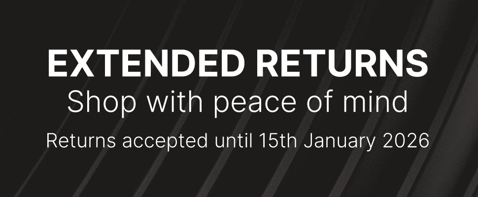 Alt text: "Black banner with diagonal stripes featuring bold white text: 'Extended Returns. Shop with peace of mind. Returns accepted until 15th January 2025.'"