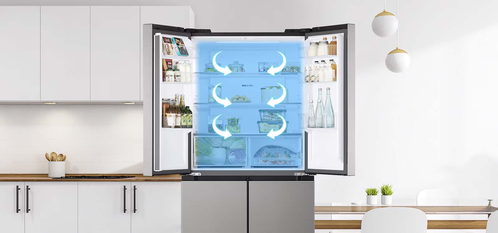 Open lg multi-door refrigerator with multi air flow system, showing cool air circulation for even temperature distribution.