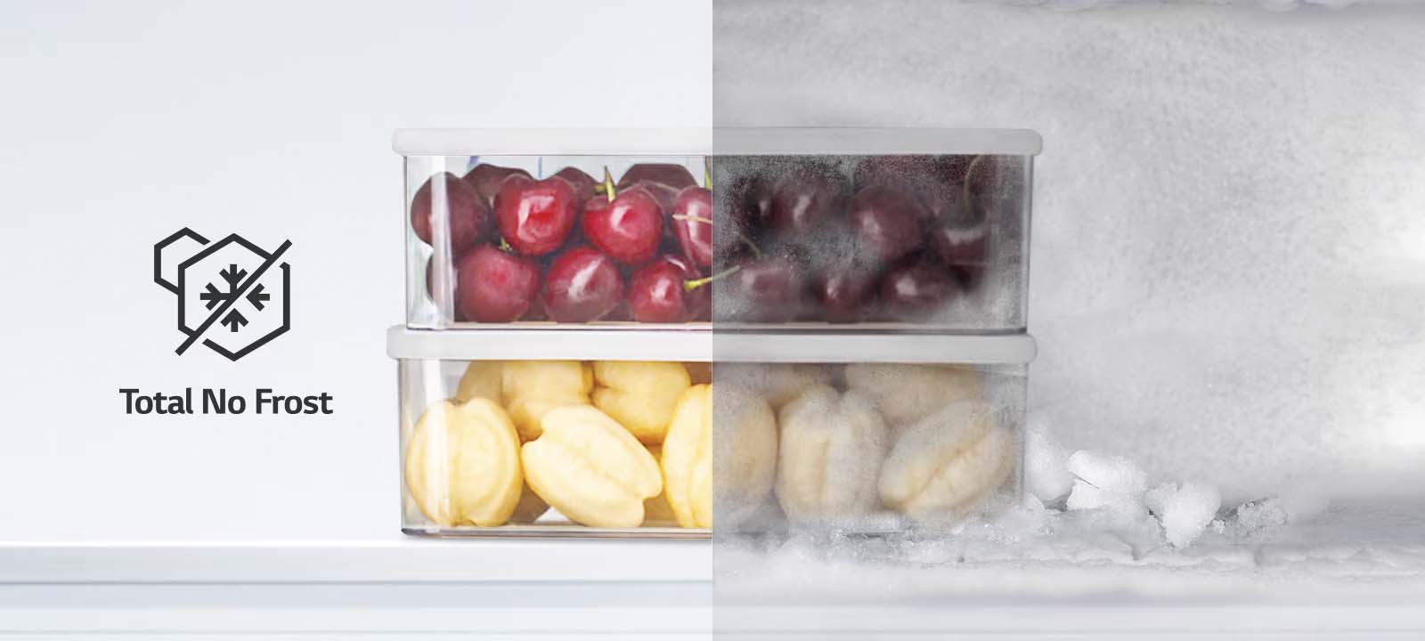Fruits in plastic boxes, half is frozen, the other half is not.