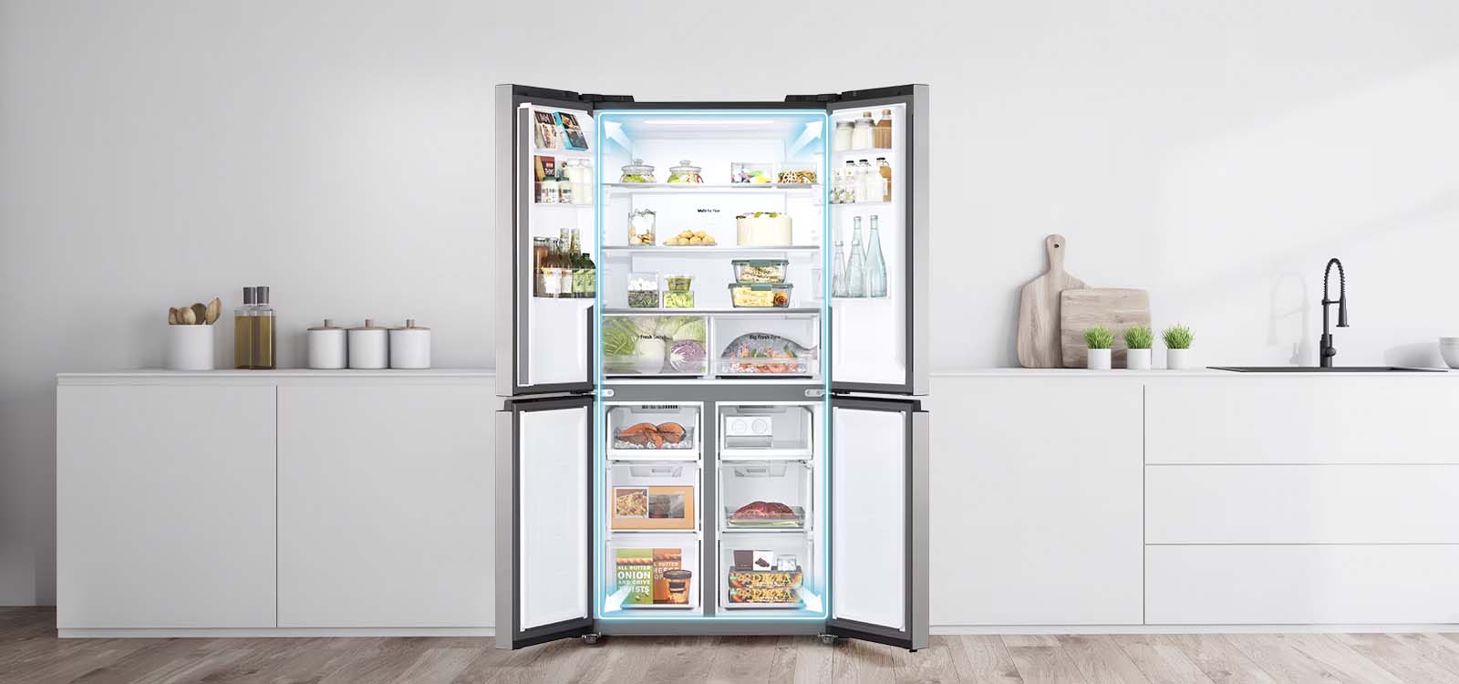 lg multi-door refrigerator with wide open doors, showcasing spacious interior and organized food storage.