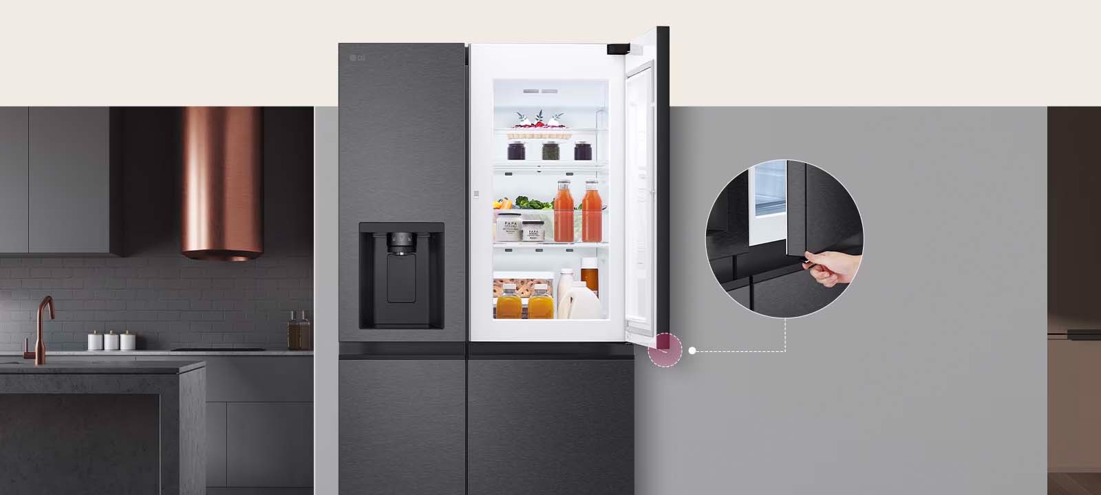 The refrigerator is installed in the kitchen wall with being opened the front door of the refrigerator door due to the Door-in-Door™ function with an expanded photo of using the Door-in-Door™ button on the right side.