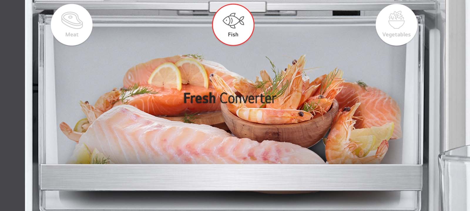 The inner side of the refrigerator shows 3 types of foods that can be stored with the icons of Meat, Fish, and Vegetables.