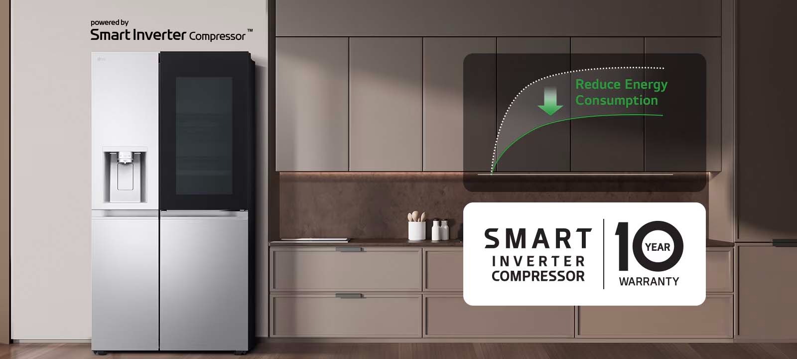 LG fridge with Smart Inverter Compressor technology, showing energy-saving benefits and 10-year warranty.